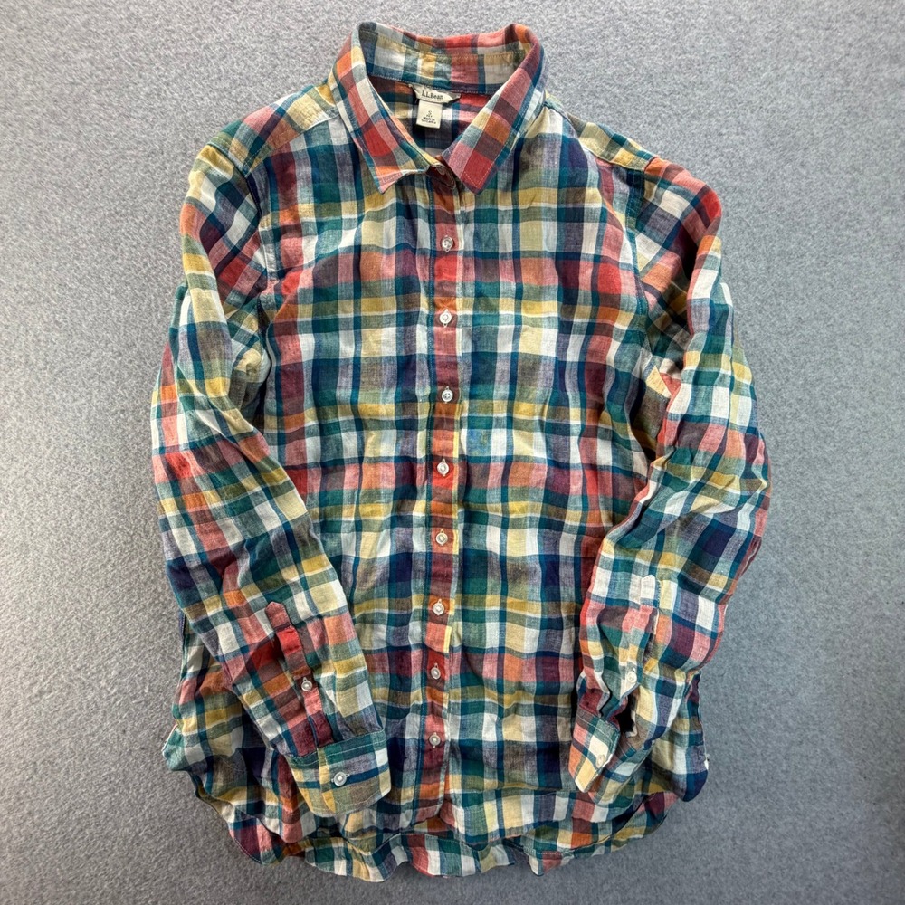 LL Bean Womens Petite S Linen Button Down Shirt Plaid Multi Color 505497